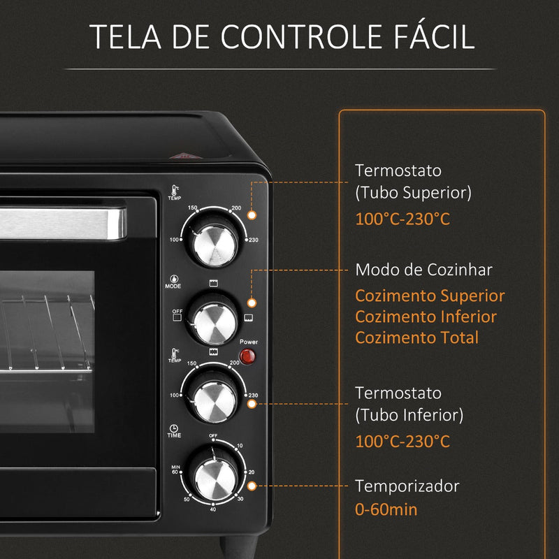 Mini Forno de Convecção 32L 16000 com 3 Modos de Aquecimento Temperatura até 230 °C Temporizador Bandeja de Assar Ajustável em 3 Níveis 52,2x38,1x33,5cm Preto