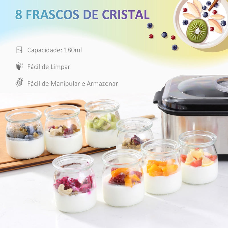 Iogurteira 30W Volume 1,44L com 8 Frascos de Cristal de 180ml Termostato Ajustável Temporizador de 1-48 Horas e Desligado Automático 36x18,8x14cm Prata