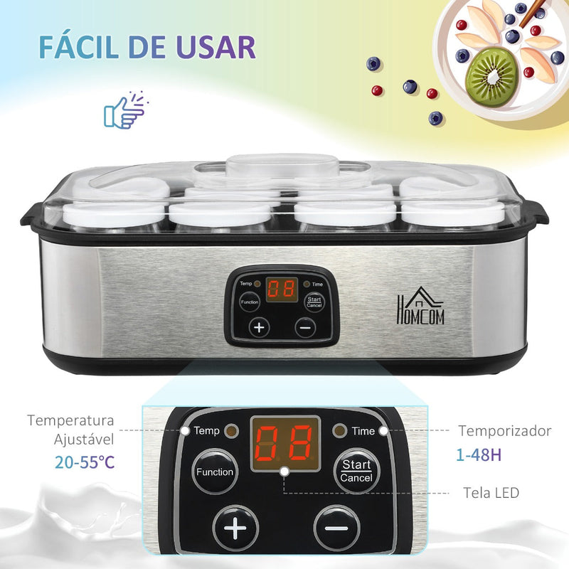 Iogurteira 30W Volume 1,44L com 8 Frascos de Cristal de 180ml Termostato Ajustável Temporizador de 1-48 Horas e Desligado Automático 36x18,8x14cm Prata