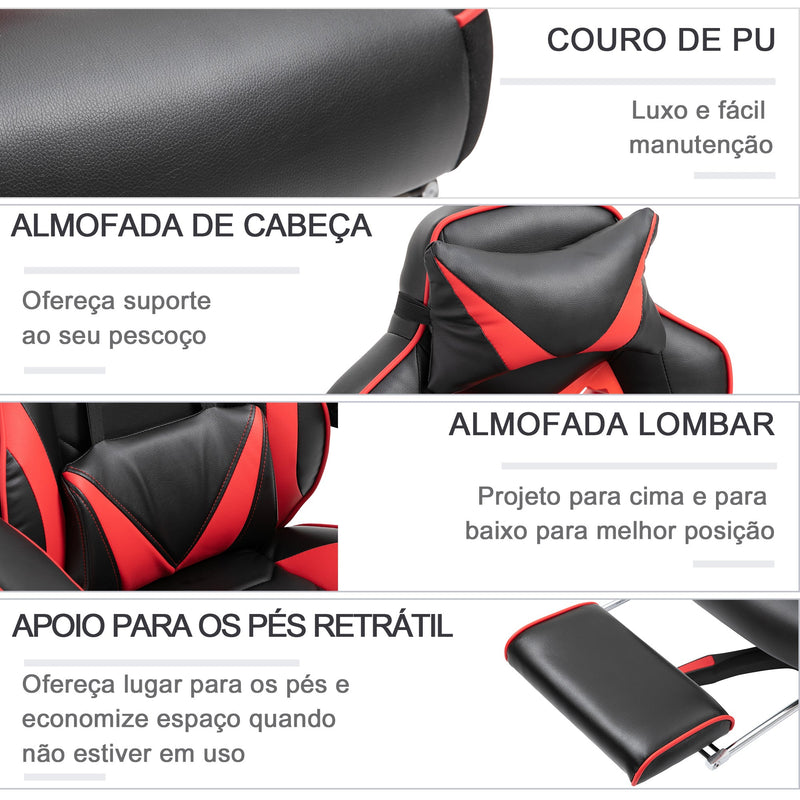 Cadeira de escritorio gaming ergonômica Altura Ajustável reclinável com apoio para pés Vermelho e Preto