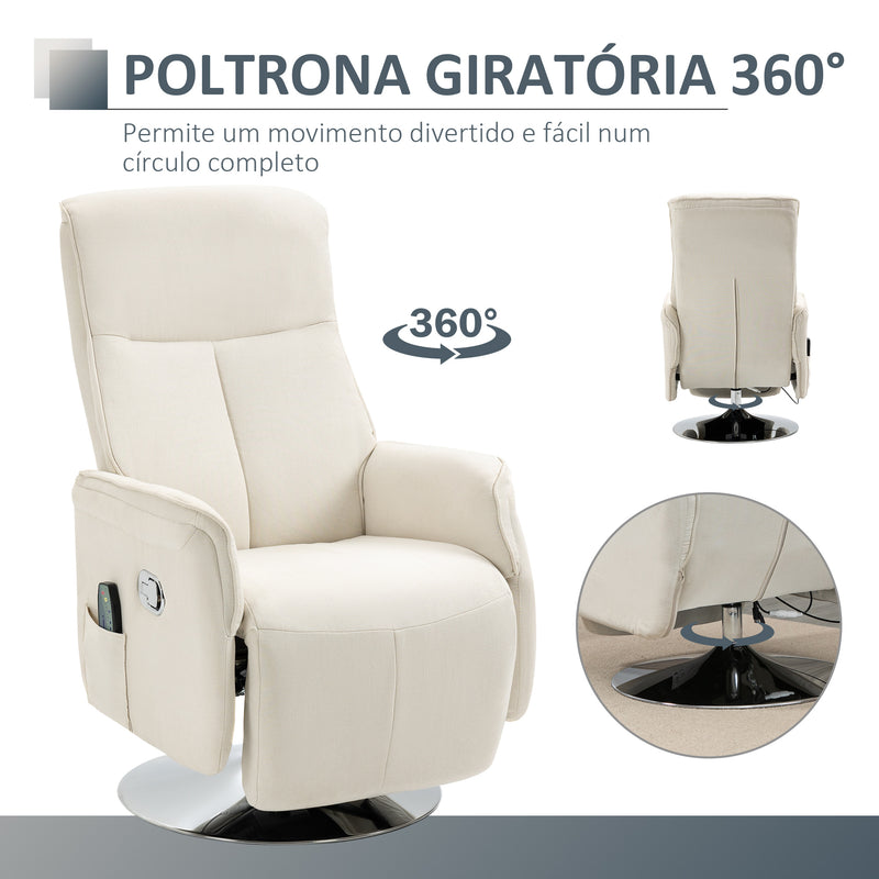 Poltrona de Massagem Elétrica com Apoio para os Pés Poltrona Relax Giratória Reclinável até 135° com Controlo Remoto 10 Pontos de Massagem e Bolso Lateral 68,5x84x110cm Creme