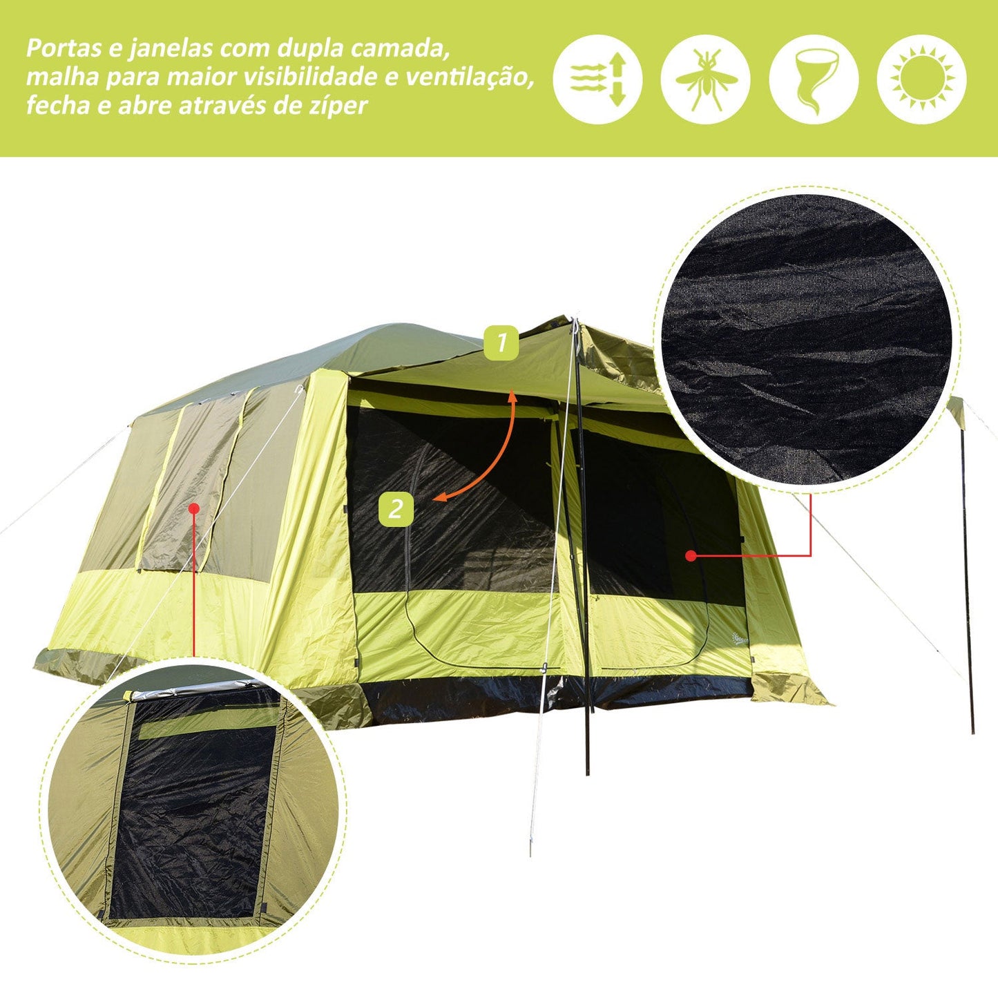 Tenda de Campismo Familiar 4-8 Pessoas Portátil e Impermeável com Bolsa de Transporte 410x310x225cm