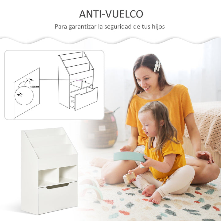 Estante de Madeira para Brinquedos com 3 Compartimentos 2 Cubos e Gaveta Móvel com 4 Rodas Estante para Livros Infantil para Dormitório Infantil Sala de Jogos 60x29,9x90cm Branco