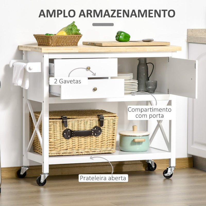 Carrinho de Cozinha com Rodas Aparador Multifuncional com Armário 2 Gavetas Prateleira e Barra para Panos 108x45x89cm Branco