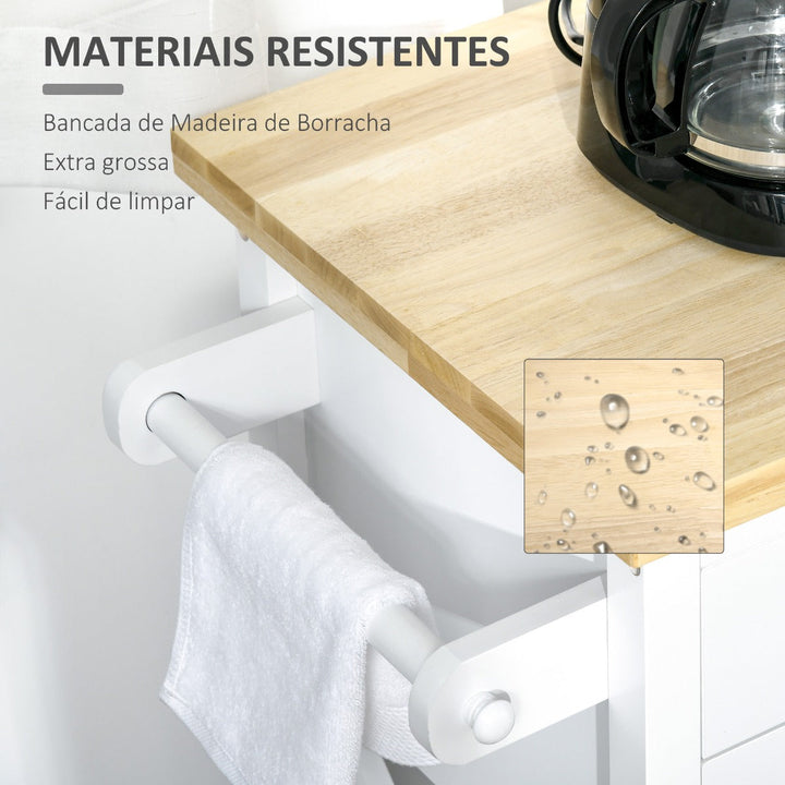 Carrinho de Cozinha com Rodas Aparador Multifuncional com Armário 2 Gavetas Prateleira e Barra para Panos 108x45x89cm Branco