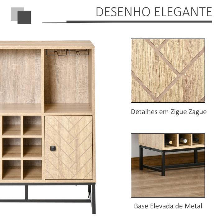 Aparador de Cozinha Armário com 1 Porta Prateleiras Abertas Suporte para 12 Garrafas e 6 Taças de Vinho para Sala de Jantar Bar Restaurante 76x35x97cm Madeira Natural