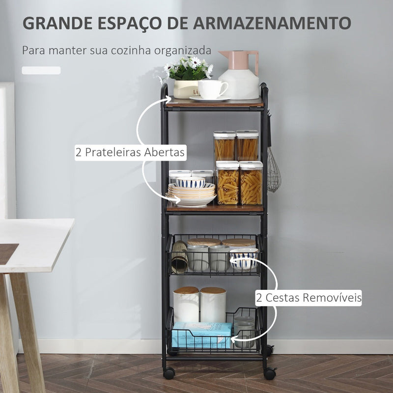 Carro de Cozinha com Rodas Carrinho Auxiliar de Armazenamento com 2 Prateleiras 2 Cestas Removíveis 4 Ganchos 40x38x111cm Nogueira e Preto