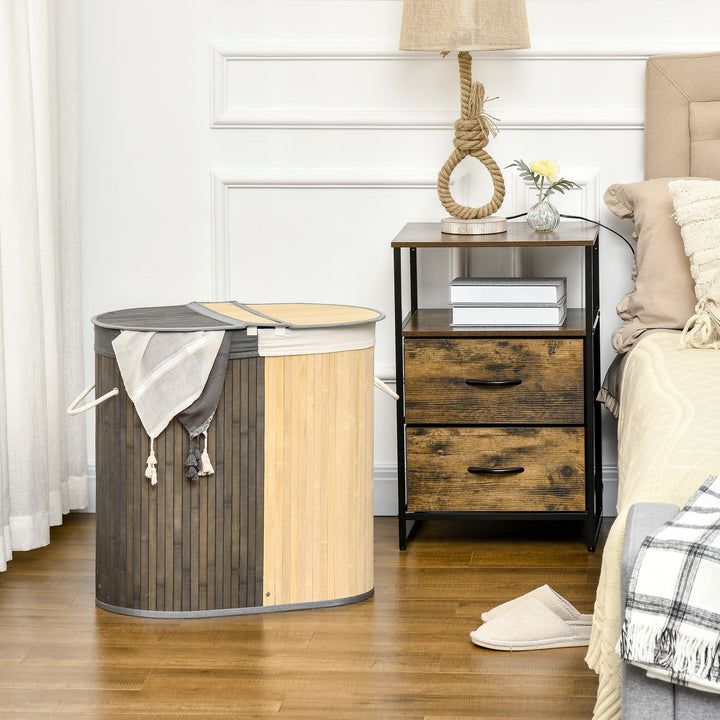 Cesto de Roupa Suja de Bambu Capacidade de 100L Cesto para Roupa Suja com Tampa Rebatível e Bolsa com 2 Compartimentos Amovível 62,5x37x60,5cm Cinza e Madeira