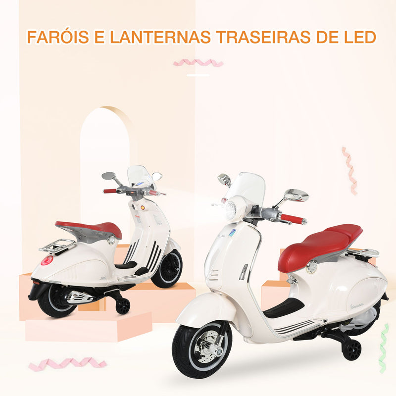 Mota elétrica infantil Vespa para crianças acima de 3 Anos com Faróis Música 2 Rodas Auxiliares 108x49x75 cm Branco