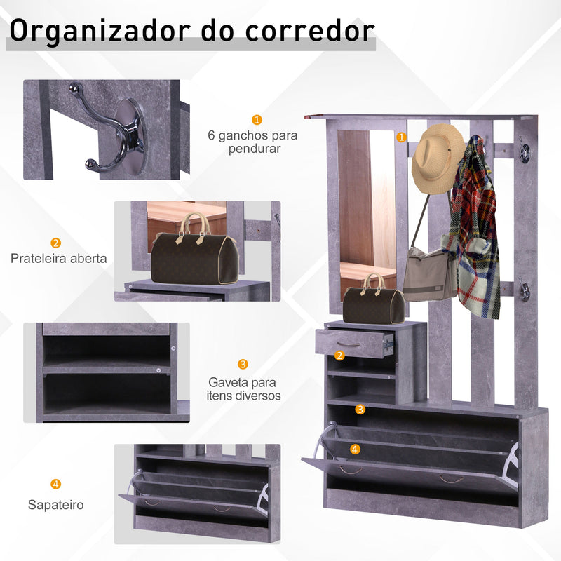 Conjunto de Móveis de Entrada Hall Corredor Conjunto de 3 Peças Cabide Espelho Sapateira com Gaveta 90x22x116 cm Madeira