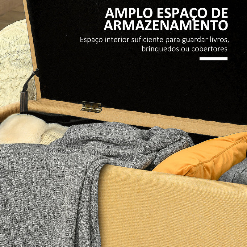 Banco de Armazenamento Estofado em Linho com Tampa Abatível e Pés de Aço para Dormitório Sala de Estar Entrada Carga Máxima 150kg 102x40x39,5cm Amarelo