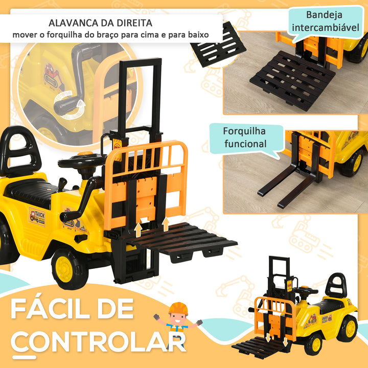 Carro Andador para Crianças acima de 3 Anos Empilhadeira Elevatória de Brinquedo com Forquilha Móvel Buzina e Assento com Armazenamento Oculto Carga Máxima 30kg 86x27,5x47,5cm Amarelo