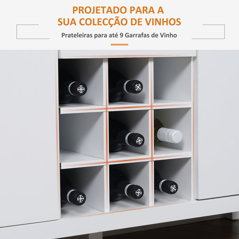 Aparador de Cozinha Moderno com 2 Gavetas 2 Armários com Prateleiras Ajustáveis e Suporte para 9 Garrafas Móvel Auxiliar de Armazenamento para Sala de Jantar Sala de Estar 110x35x75cm Branco