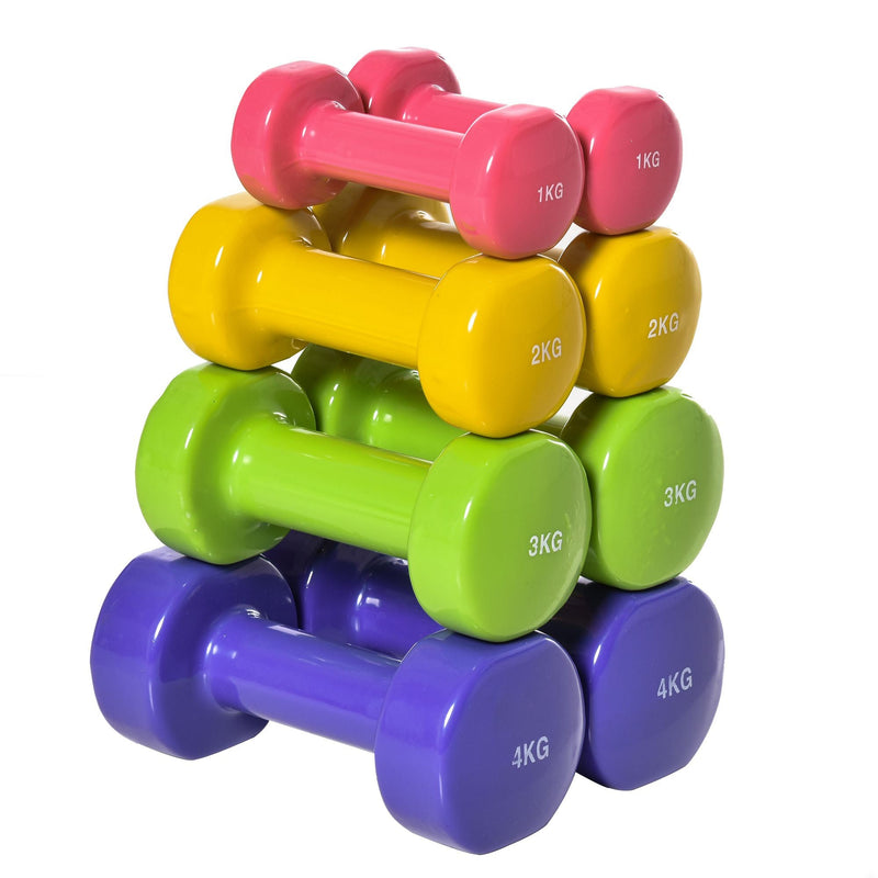 Jogo de 8 Halteres Hexagonais 4 Pares 4kg 3kg 2kg 1kg com Revestimento Pesos para Exercícios em Casa Academia Aço Multicolor