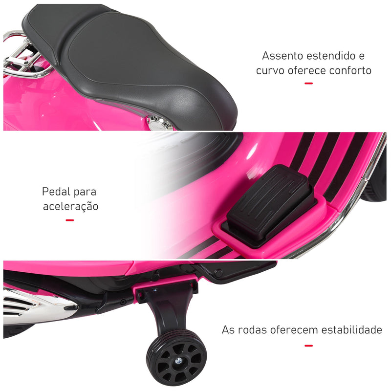 Mota elétrica Vespa para crianças acima de 3 anos com Faróis Música e 2 Rodas Auxiliares 108x49x75 cm Rosa