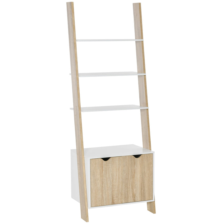 Estante em Forma de Escada de Madeira com 3 Prateleiras e 1 Armário Estante de Estilo Nórdico Moderno 60x40x171cm Carvalho e Branco