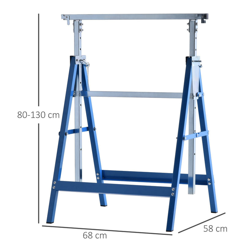 Conjunto de 2 Cavaletes Telescópicos Dobráveis com Altura Ajustável Cavaletes de Serra de Aço para Mesa de Trabalho Carga 200kg 68x58x80-130cm Azul e Prata