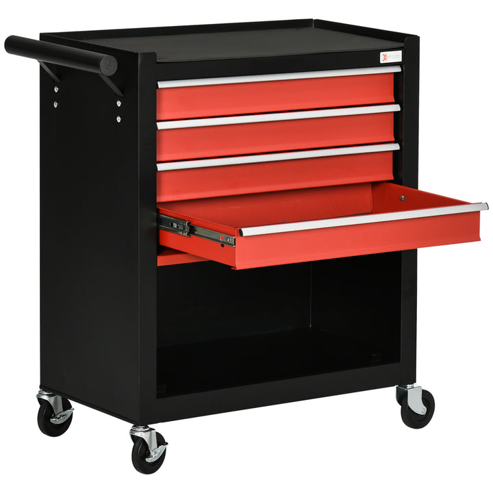 Carro de Ferramentas Móvel com Rodas 4 Gavetas Compartimento de Armazenamento e Alça Lateral Carga 130kg para Garagem Oficina 69x33x75cm Preto e Vermelho