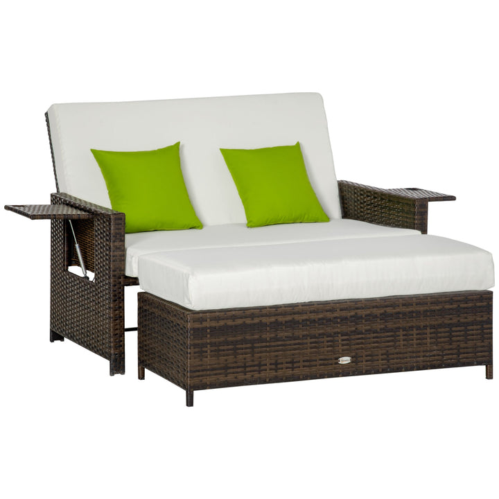 Sofá de Vime de 2 Lugares com Mesas Laterais e Apoio para os Pés com Armazenamento Sofá de Jardim com Encosto Inclinável e Almofadas com Capas Removíveis 130x72x96cm Marrom e Bege