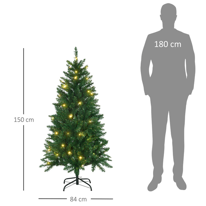 Árvore de Natal Artificial Altura 150cm Ignífugo com 502 Ramos 150 Luzes LED IPX2 8 Modos Folhas de PVC Base Dobrável e Suporte Metálico Decoração de Natal para Interiores Verde
