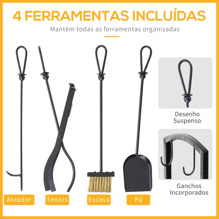 Suporte para Lenha de 2 Níveis Porta Lenha Exterior e Interior Metálico com 4 Ferramentas para Lareira Carga Máx. 100kg 40x30x74,5cm Preto
