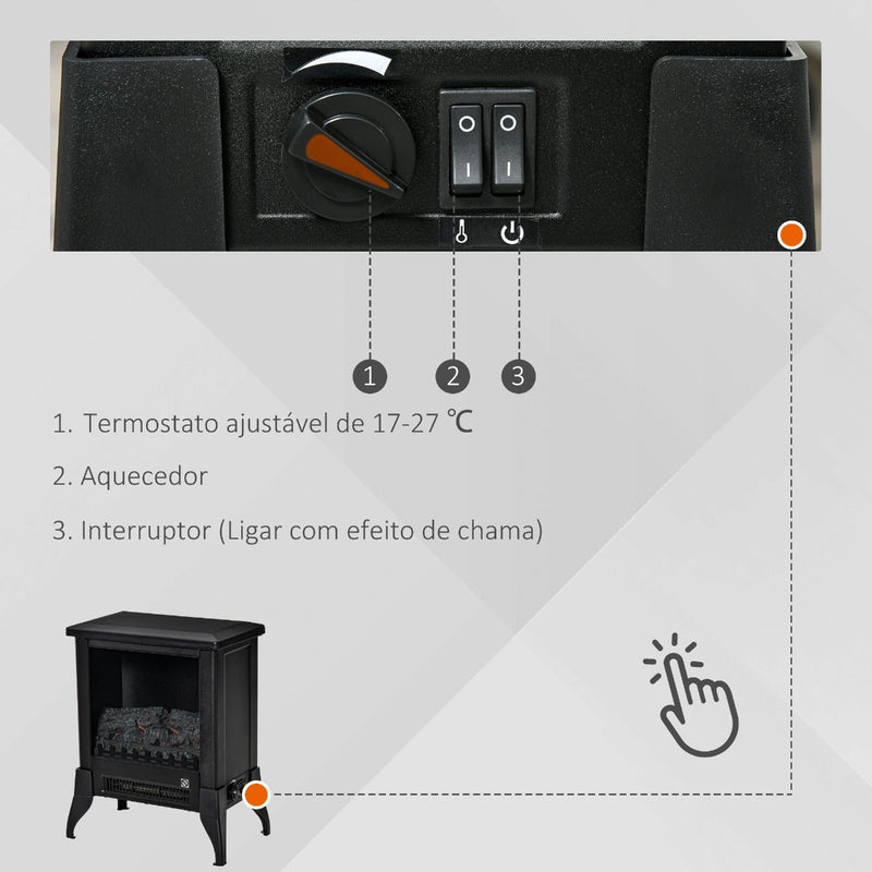 Lareira Elétrica Portátil 1800-2000W Simulação de Chama Termostato Ajustável e Proteção de Superaquecimento para Salas de até 30m² 37x22,8x45,8cm Preto