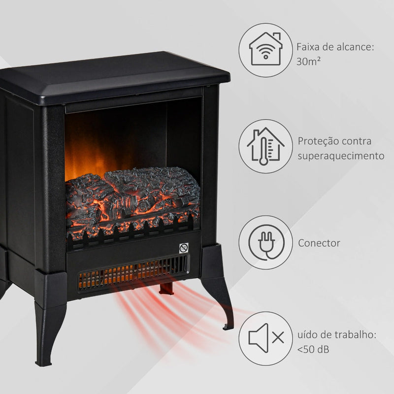 Lareira Elétrica Portátil 1800-2000W Simulação de Chama Termostato Ajustável e Proteção de Superaquecimento para Salas de até 30m² 37x22,8x45,8cm Preto