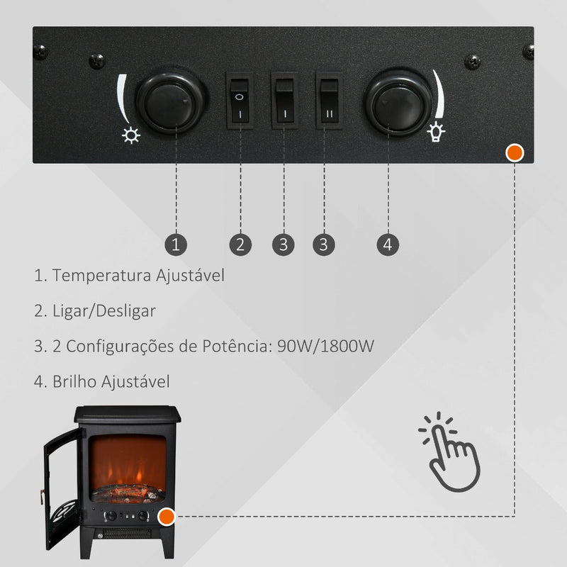 Lareira Elétrica Portátil Potência 900/1800W com Efeito de Chama Realista Termostato Ajustável e Proteção contra Superaquecimento até 20m² 39x26x54,8cm Preto