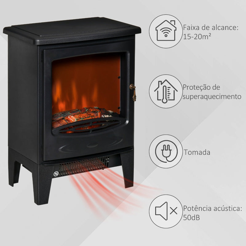 Lareira Elétrica Portátil Potência 900/1800W com Efeito de Chama Realista Termostato Ajustável e Proteção contra Superaquecimento até 20m² 39x26x54,8cm Preto