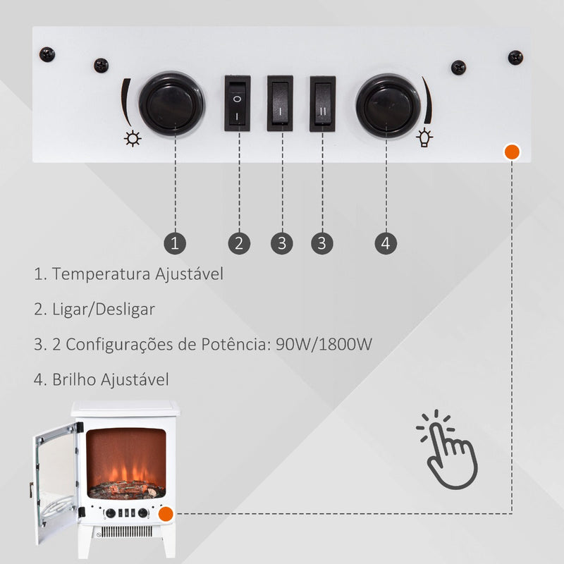 Lareira Elétrica Portátil Potência 900/1800W com Efeito de Chama Realista Termostato Ajustável e Proteção contra Superaquecimento até 20m² 39x26x54,8cm Branco