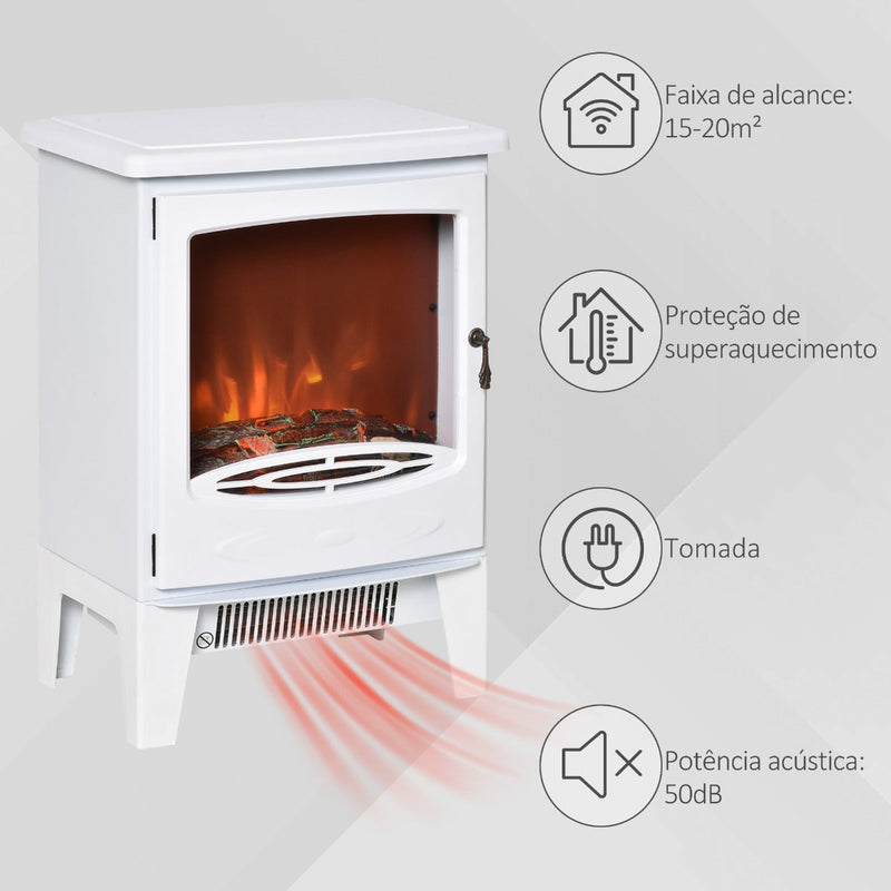 Lareira Elétrica Portátil Potência 900/1800W com Efeito de Chama Realista Termostato Ajustável e Proteção contra Superaquecimento até 20m² 39x26x54,8cm Branco