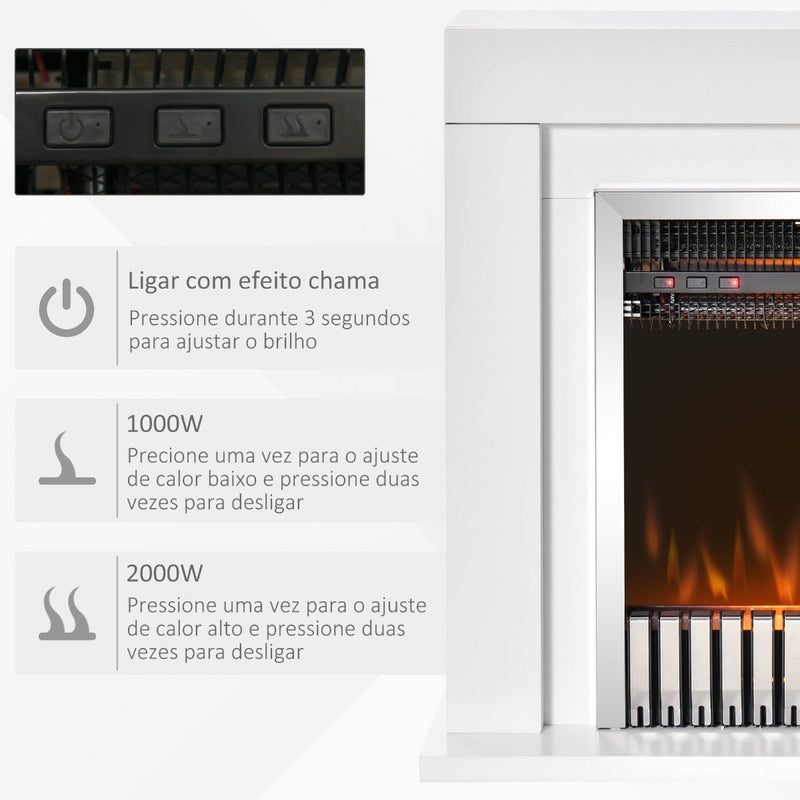 Lareira Elétrica Potência 1000/2000W com Chama Realista Termostato Controle Remoto Temporizador e Proteção de Superaquecimento para 20-25m² 79x26x77,5cm Branco