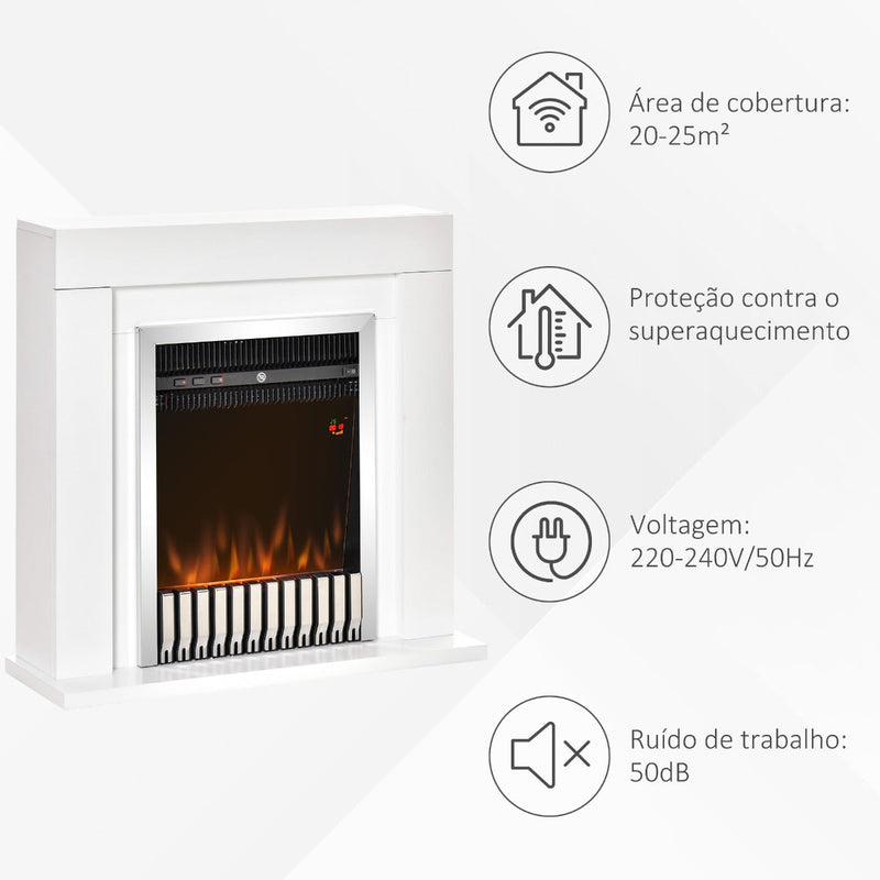 Lareira Elétrica Potência 1000/2000W com Chama Realista Termostato Controle Remoto Temporizador e Proteção de Superaquecimento para 20-25m² 79x26x77,5cm Branco