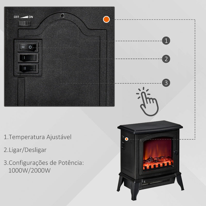 Lareira Elétrica Portátil 1000/2000W com Simulação de Chama Termostato Ajustável e Proteção de Superaquecimento para Salas de até 25m² 36,5x24x41,5cm Preto