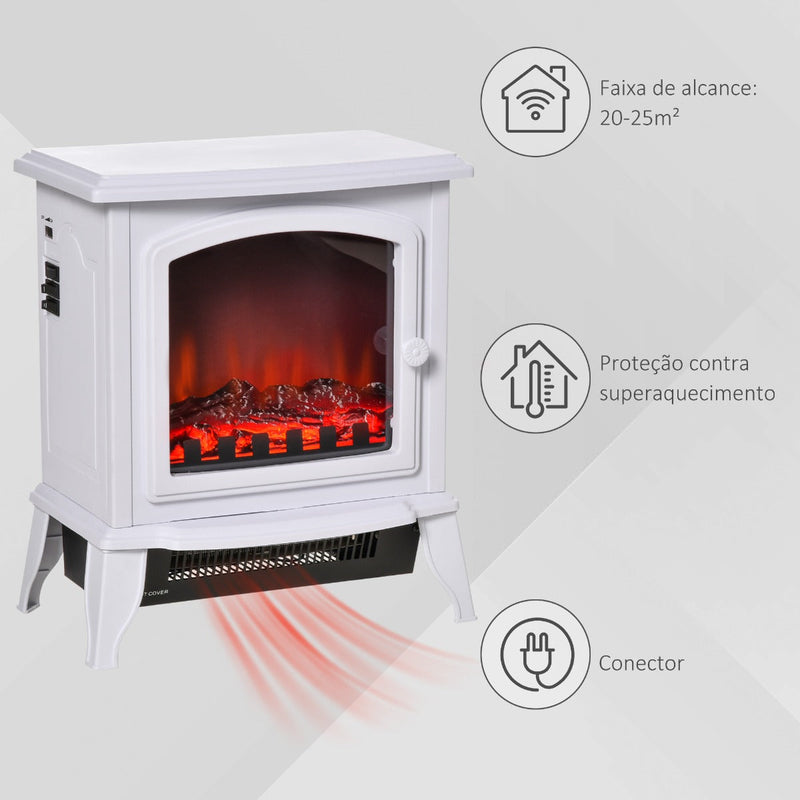 Lareira Elétrica Portátil 1000/2000W com Simulação de Chama Termostato Ajustável e Proteção de Superaquecimento para Salas de até 25m² 36,5x24x41,5cm Branco