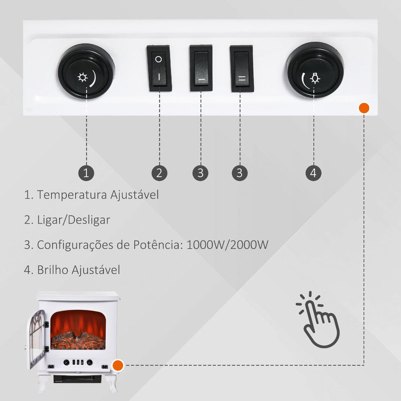 Lareira Elétrica Portátil 1000/2000W com Chama LED Brilho Regulável Termostato Ajustável e Proteção de Superaquecimento para Salas de até 25m² 51x28x60cm Branco