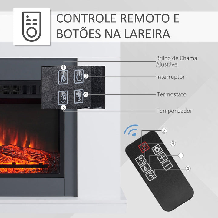 Lareira Elétrica 1800-2000W com Controle Remoto Chama Ajustável Termostato Temporizador Semanal e Proteção contra Superaquecimento 113x26,6x87,5cm Branco