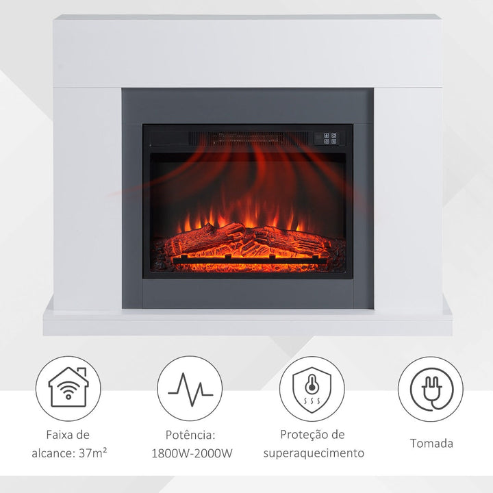 Lareira Elétrica 1800-2000W com Controle Remoto Chama Ajustável Termostato Temporizador Semanal e Proteção contra Superaquecimento 113x26,6x87,5cm Branco