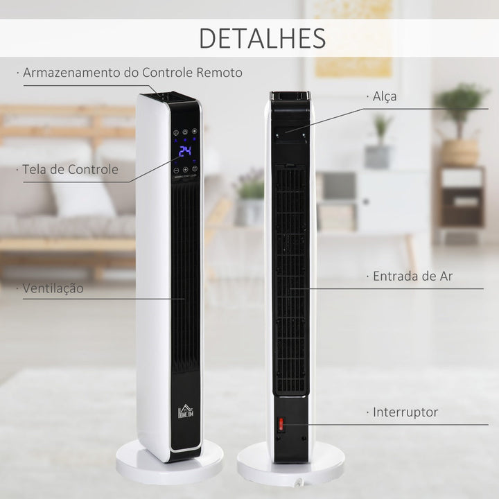 Aquecedor Cerâmico de Torre 1000/2000W com Controle Remoto Tela LED 3 Modos de Aquecimento Termostato Temporizador e Oscilação 65° para 25m² 21x21x73cm Branco