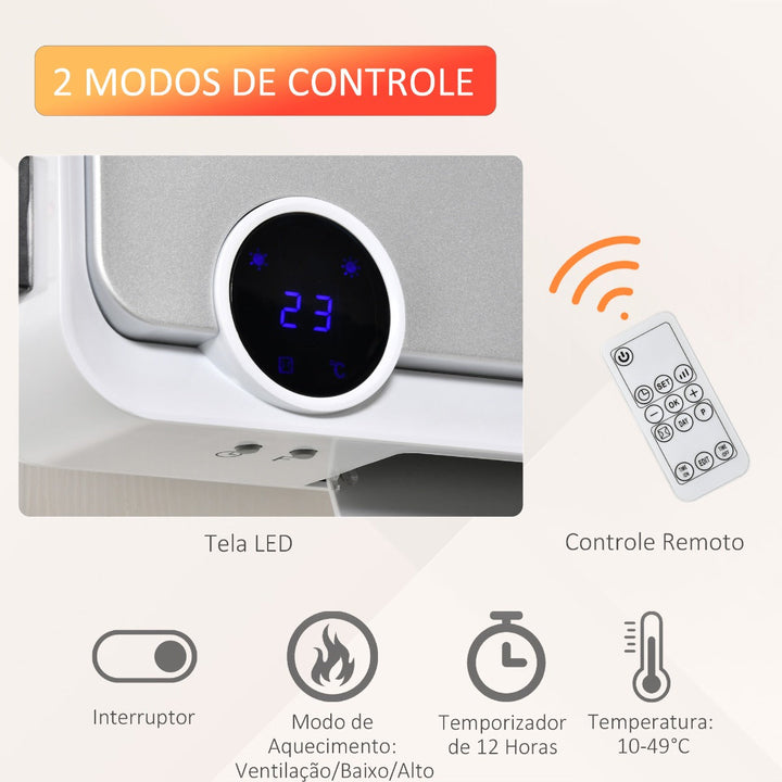 Aquecedor Cerâmico de Parede 1000W/2000W com Controle Remoto Tela LED Temporizador de 12h Termostato e Proteção contra Superaquecimento 56x18,5x11,7cm Branco