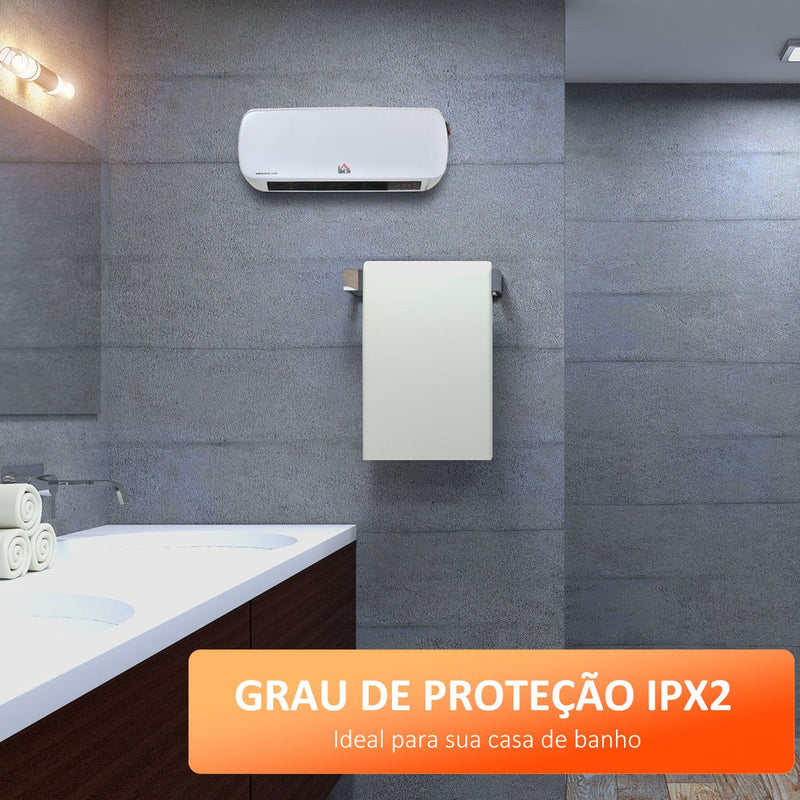 Aquecedor Cerâmico de Parede 1000W/2000W com Controle Remoto 3 Modos de Aquecimento Temporizador de 12h Termostato e Proteção contra Superaquecimento 45x18,6x11,5cm Branco