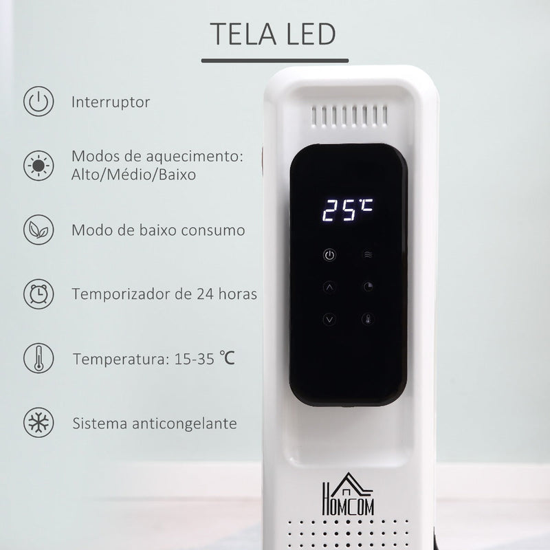 Radiador a Óleo 1830/2180W com 3 Modos de Aquecimento Tela LED Controle Tátil Termostato Temporizador 24H e Rodas Baixo Consumo para 20m² 42,5x24x63cm Branco