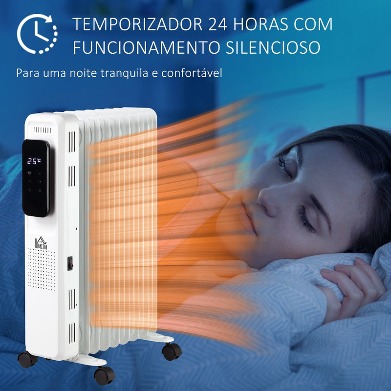 Radiador a Óleo 1830/2180W com 3 Modos de Aquecimento Tela LED Controle Tátil Termostato Temporizador 24H e Rodas Baixo Consumo para 20m² 42,5x24x63cm Branco