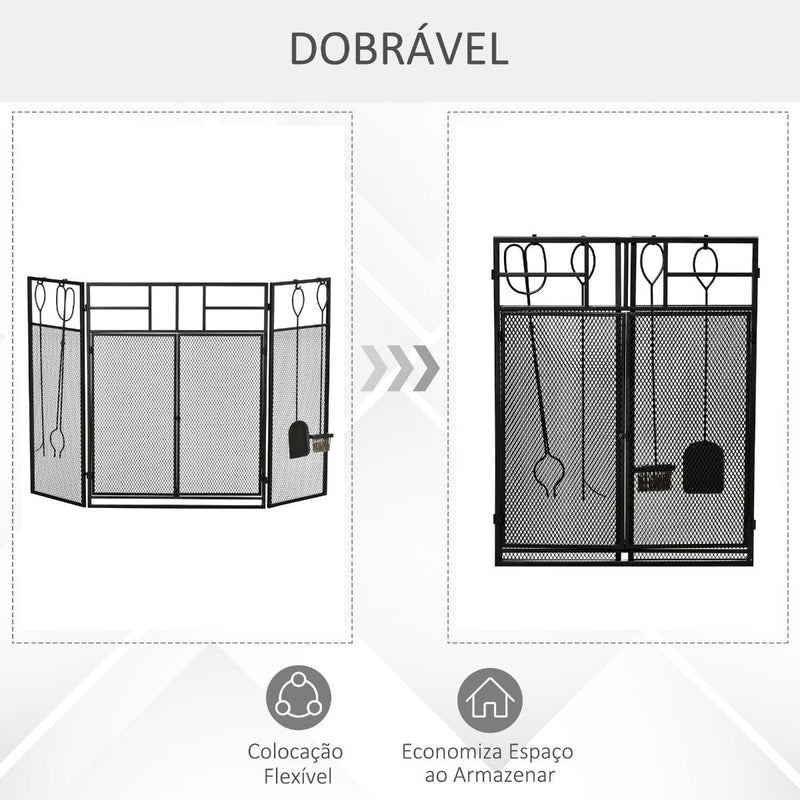 Frente para Lareira Dobrável Proteção para Lareira de 3 Painéis com Dupla Porta 4 Ferramentas e Gancho Estrutura de Metal 122x2x79cm Preto