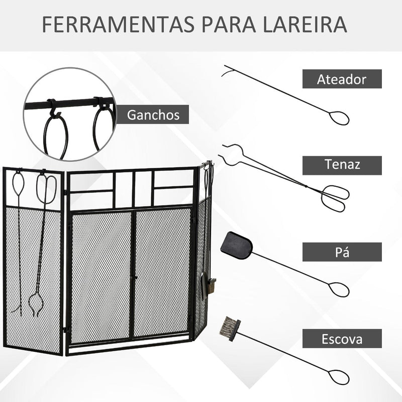 Frente para Lareira Dobrável Proteção para Lareira de 3 Painéis com Dupla Porta 4 Ferramentas e Gancho Estrutura de Metal 122x2x79cm Preto