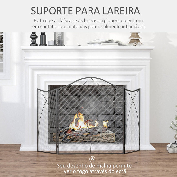Frente para Lareira Dobrável Proteção para Lareira de 3 Painéis com Dobradiças e Estrutura de Metal Decorativa 126x2x76cm Preto