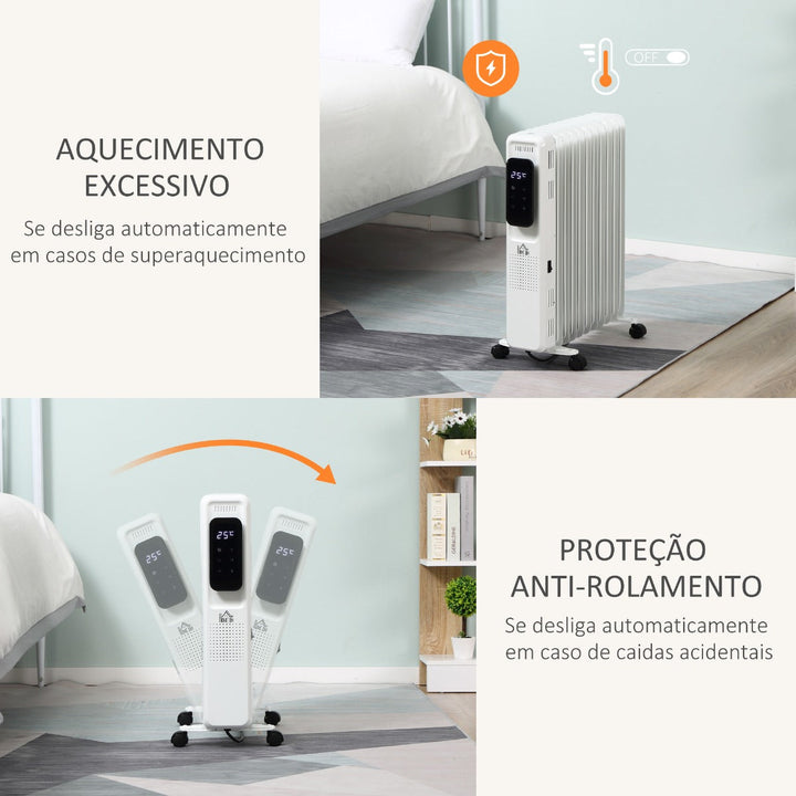 Radiador a Óleo 2290/2720W com 3 Modos de Aquecimento Tela LED Controle Tátil Termostato Temporizador 24H e Rodas Baixo Consumo para 20m² 50,5x24x63cm Branco