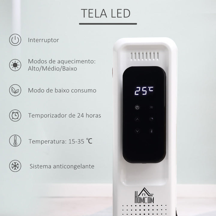 Radiador a Óleo 2290/2720W com 3 Modos de Aquecimento Tela LED Controle Tátil Termostato Temporizador 24H e Rodas Baixo Consumo para 20m² 50,5x24x63cm Branco