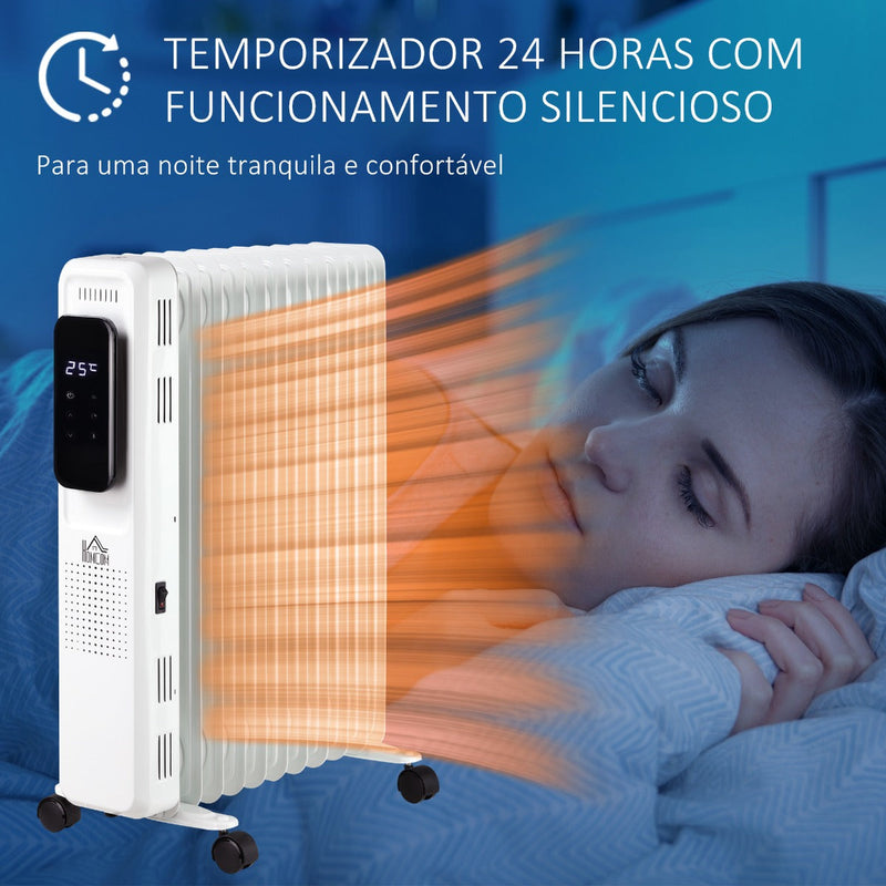 Radiador a Óleo 2290/2720W com 3 Modos de Aquecimento Tela LED Controle Tátil Termostato Temporizador 24H e Rodas Baixo Consumo para 20m² 50,5x24x63cm Branco