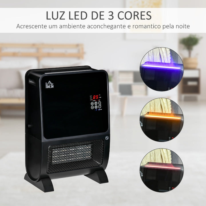 Aquecedor Elétrico 2000W com Umidificador Controle Remoto a Distância Termostato Temporizador Tela e Luzes LED para Sala de Estar de 30 m² 33x21x49,5cm Preto